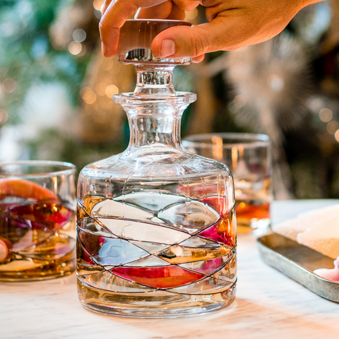 Cornet Barcelona. Luxury hand-painted whiskey decanter inspired by the designs of Antoni Gaudi and Sagrada Familia. White background