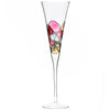 Luxury hand-painted champagne flute inspired by the designs of Antoni Gaudi and Sagrada Familia. White background. Cornet Barcelona